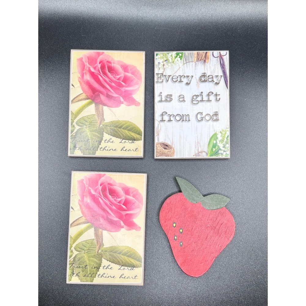 Set of 4 Magnets Wood Inspirational Quotes Roses Strawberry Cottagecore‎ Decor